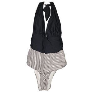 Black & Striped One-Piece Halter Swimsuit Retro Pin-Up Swimming Costume XL